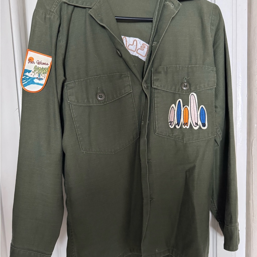 Green Military Style Jacket with Surfboard Patches